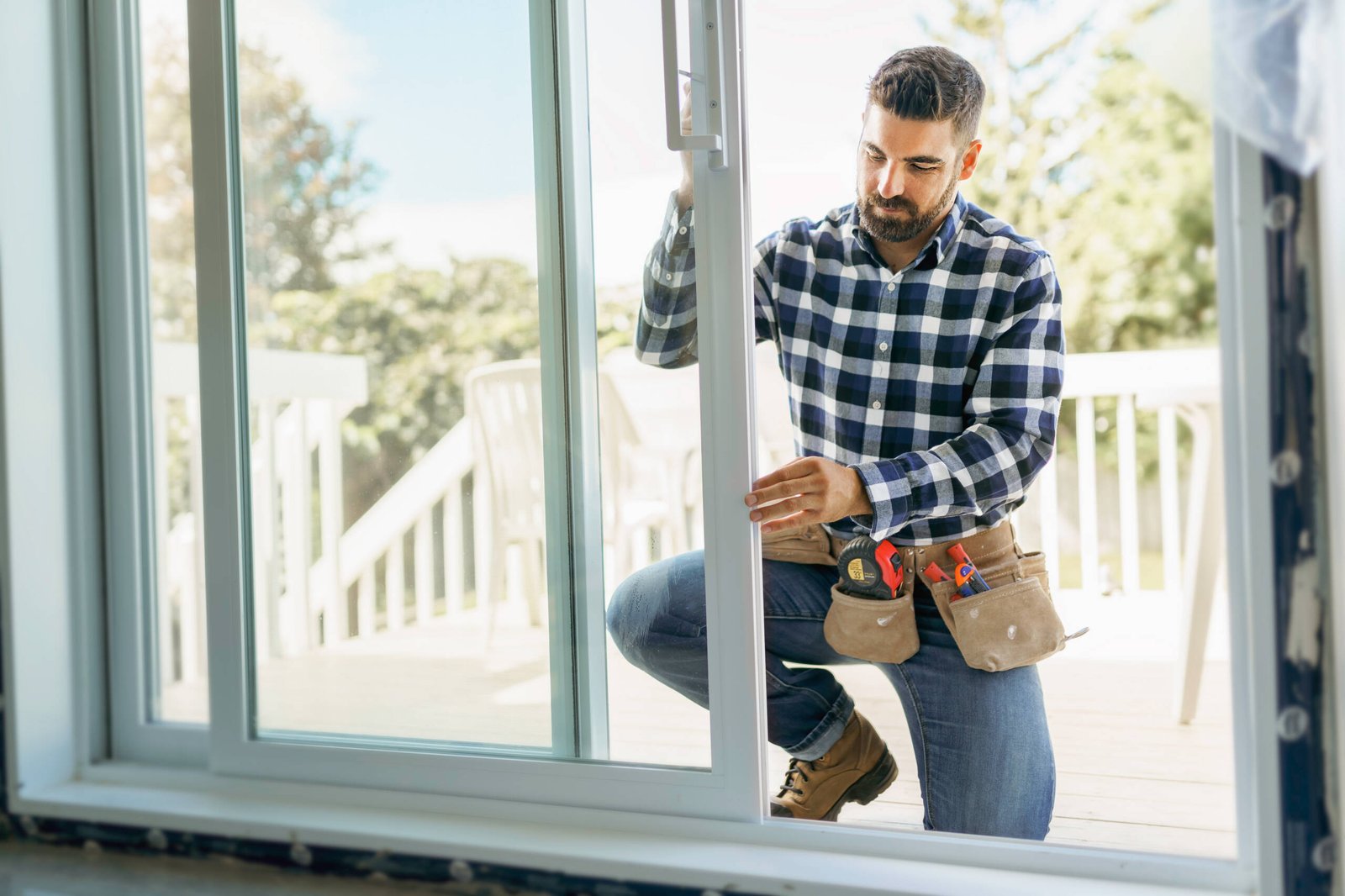 A handsome young man installing bay window in a new house construction site